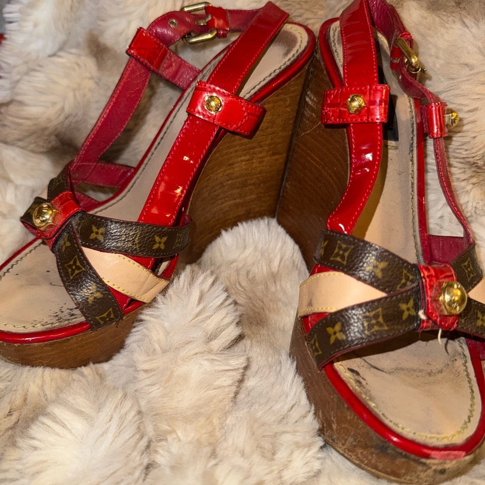 Louis Vuitton Red and Brown Wedge Sandals